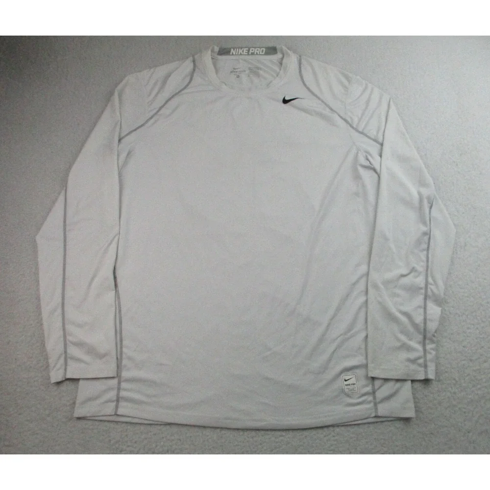 Nike Pro Shirt Mens XL Fitted White Long Sleeve Dri-Fit Training Gym Performance